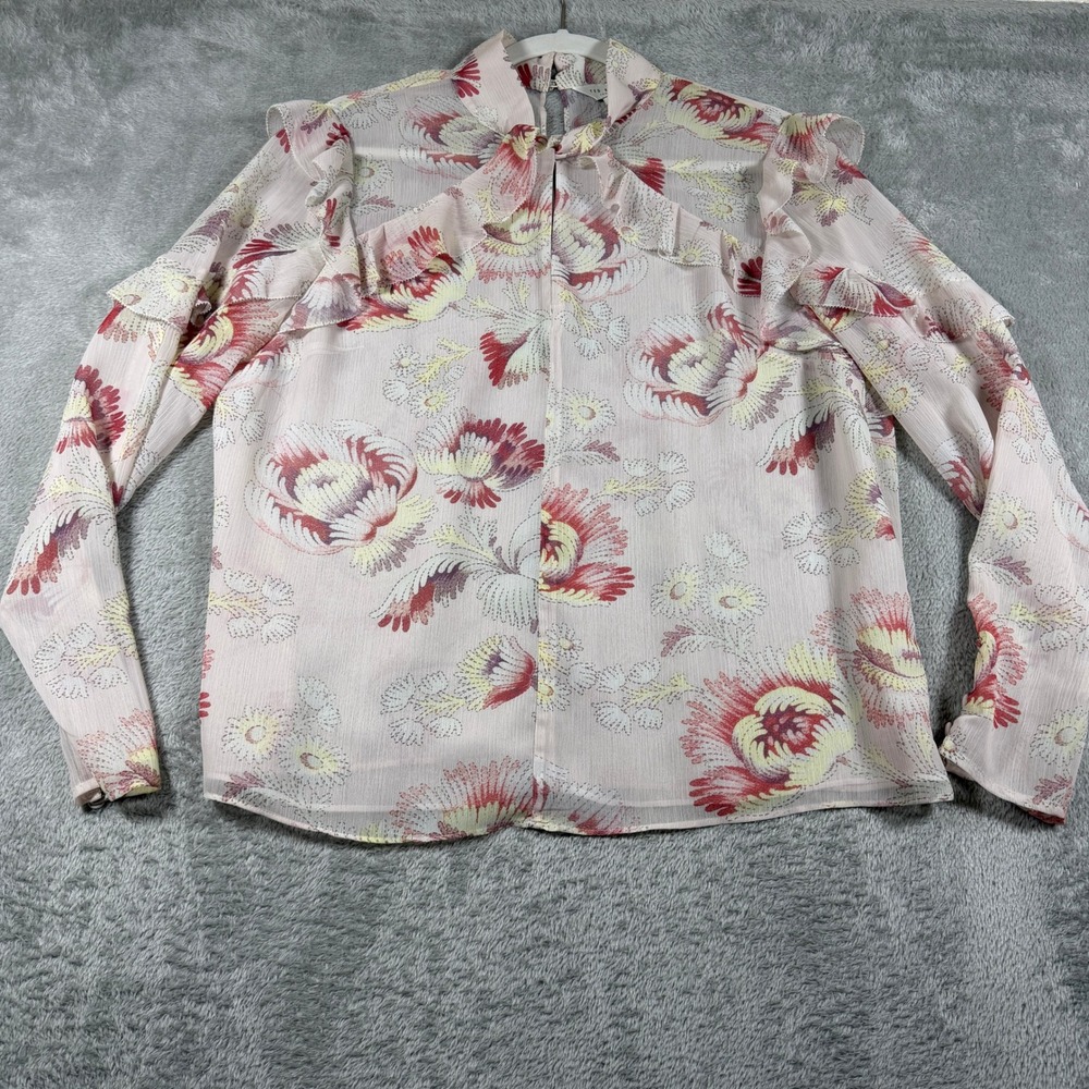 Ted Baker THELLMA Blouse Womens 4 Pink Floral Ruffle Tie Neck Long Sleeve